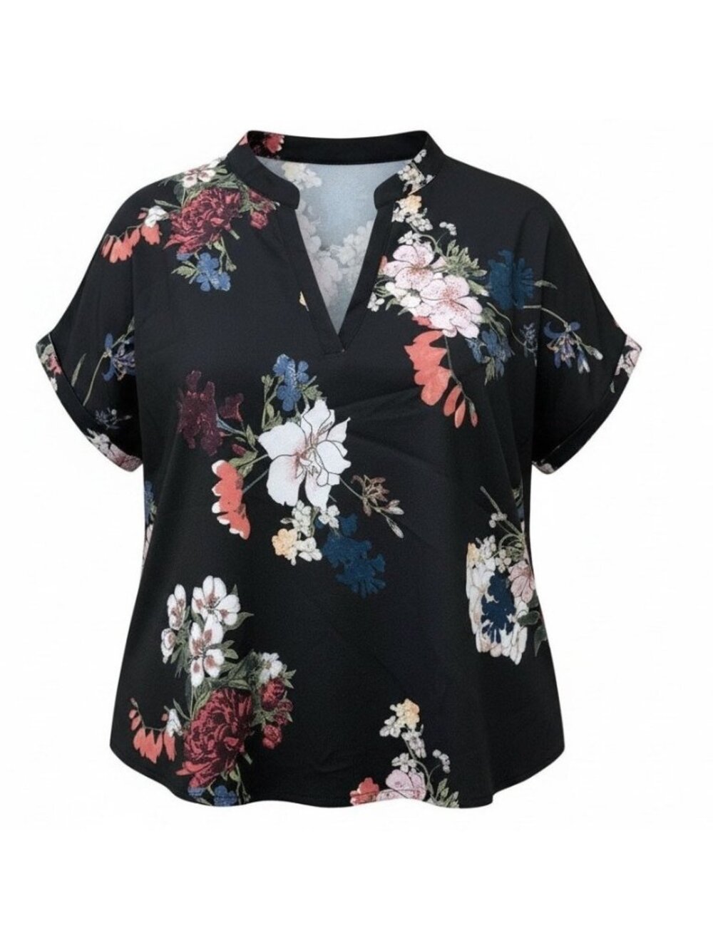 Womens Plus Size Floral Blouse with Notch Neck Cuffed Sleeve Size 3XL